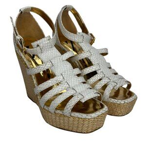 Sergio Zelcer White Snake Wedge Sandals Size 6 Womens Open Toe Raffia Platform
